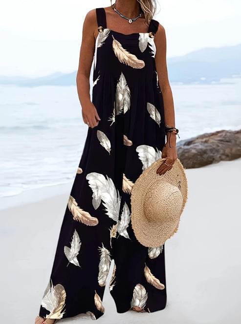 Women's Feather Printed Casual Jumpsuit - Lightweight, Long Sleeve Style - Buy Center US