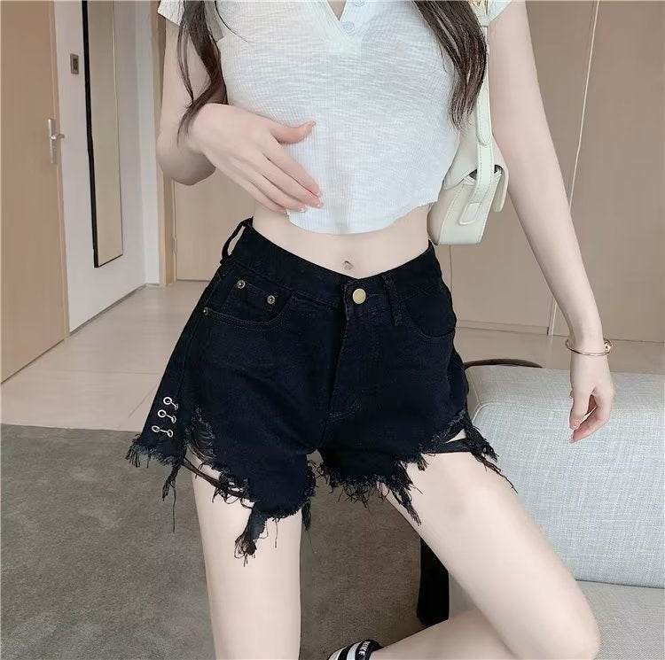 Vintage Denim Shorts - Micro Elastic High Waist with Frayed Design - Buy Center US