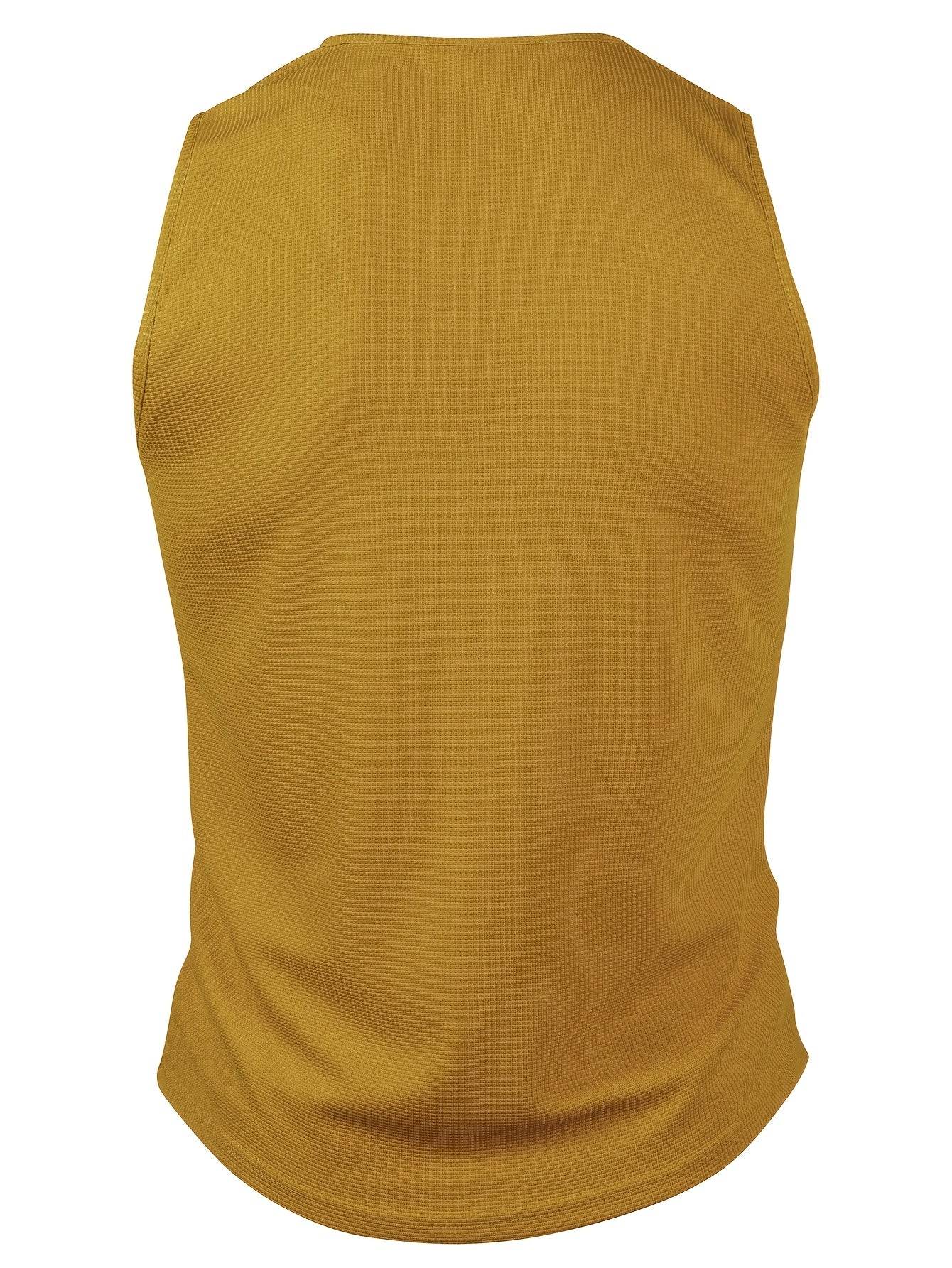 Men's V-Neck Waffle Knit Top - Stylish & Retro Casual Wear in Vibrant Yellow - Buy Center US