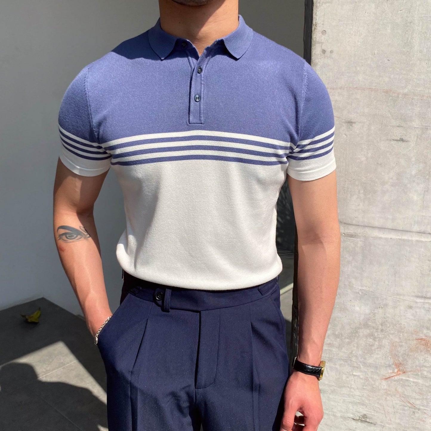 Casual Striped Short Sleeve Polo Shirt - Khaki, Black, or Dark Blue - Buy Center US