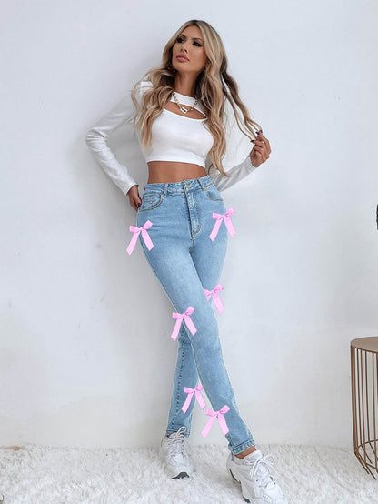 Women's Bow Stretch Jeans - Mid Waist Denim Leggings in Blue - Buy Center US