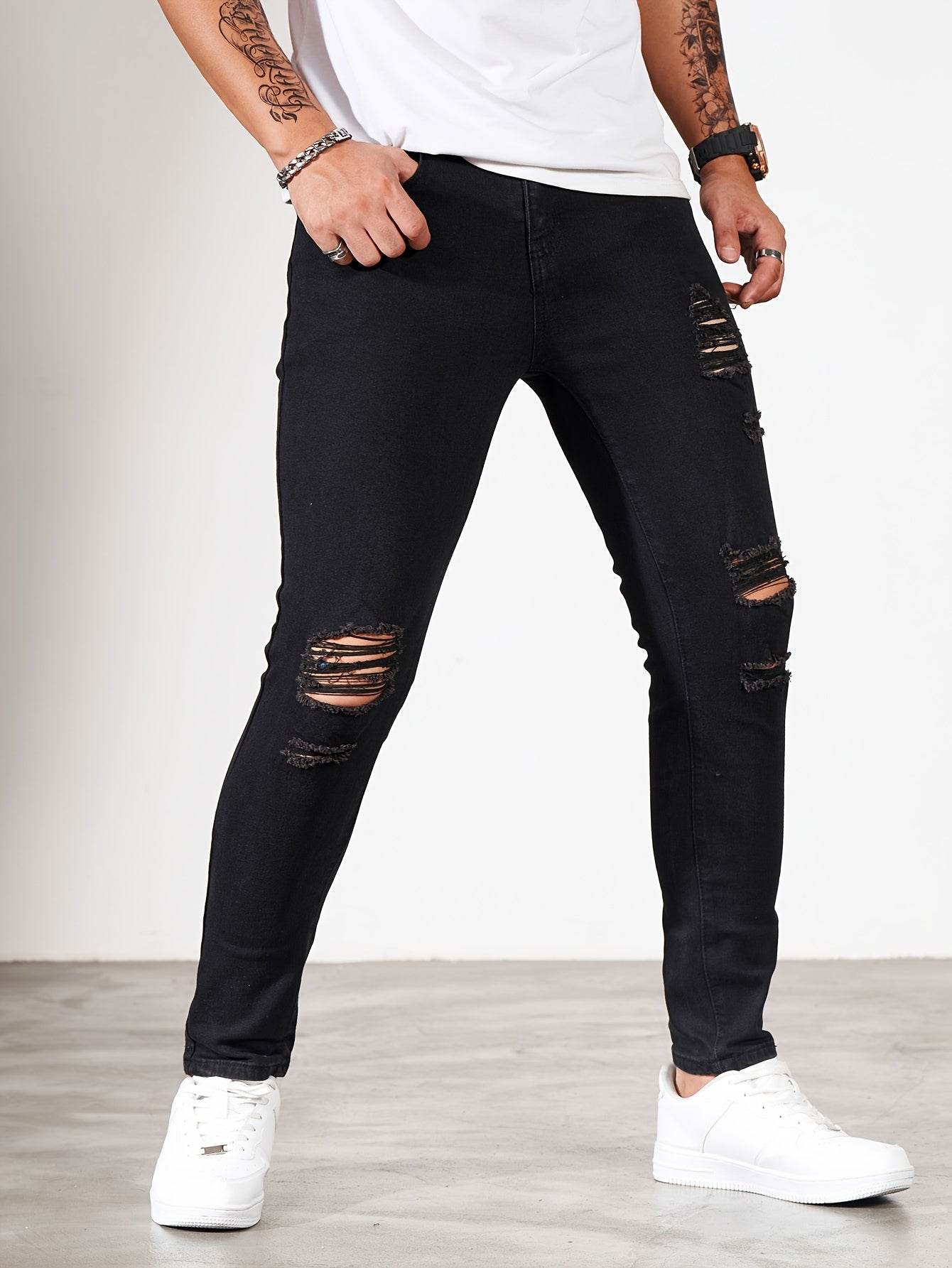 Men's Ripped Skinny Jeans - Stretch Denim Casual Wear | Distressed White/Black - Buy Center US