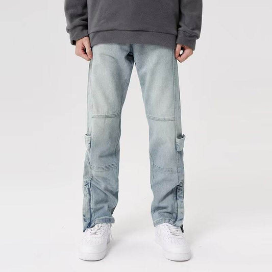 Retro Wide Leg Straight Jeans - American Style Light Blue Water Scrubbing - Buy Center US