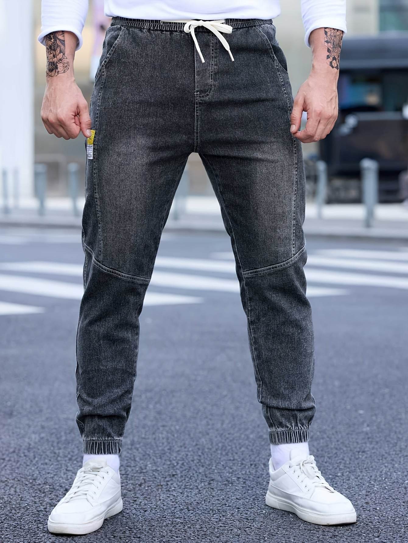 Men's Cropped Denim Pants with Pockets - Casual Drawstring Cotton Blend - Buy Center US