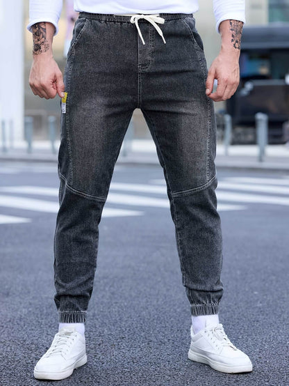 Men's Cropped Denim Pants with Pockets - Casual Drawstring Cotton Blend - Buy Center US