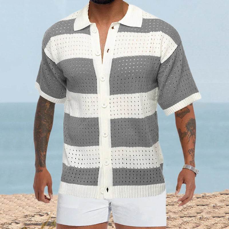 Men's Slim Fit Cardigan Polo - Short Sleeve Color Matching Knit Top - Buy Center US