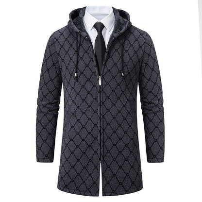 Buycenter Men's Casual Hooded Coat - Mid-Length Plaid Sweater Jacket - Buy Center US