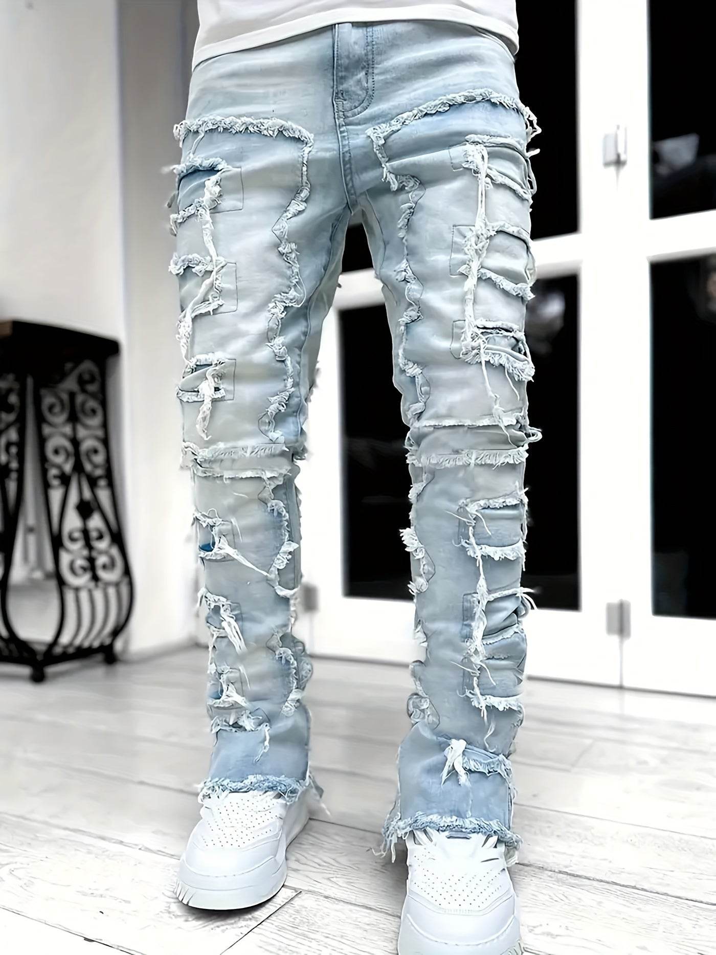 Y2K Hip Hop Style Men's Raw Trim Jeans - Slim Fit Stretch Denim - Buy Center US
