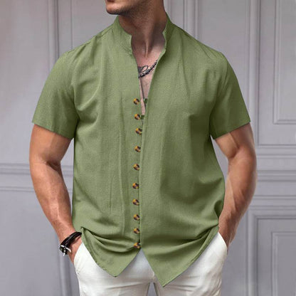 Buycenter Linen Button Stand Collar Shirt - Short Sleeve, Loose Fit - Buy Center US