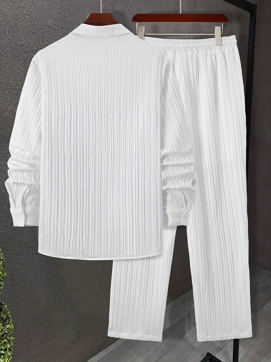 Stylish Men's Casual Suit Set - Striped Long-Sleeve Shirt & Pants - Buy Center US