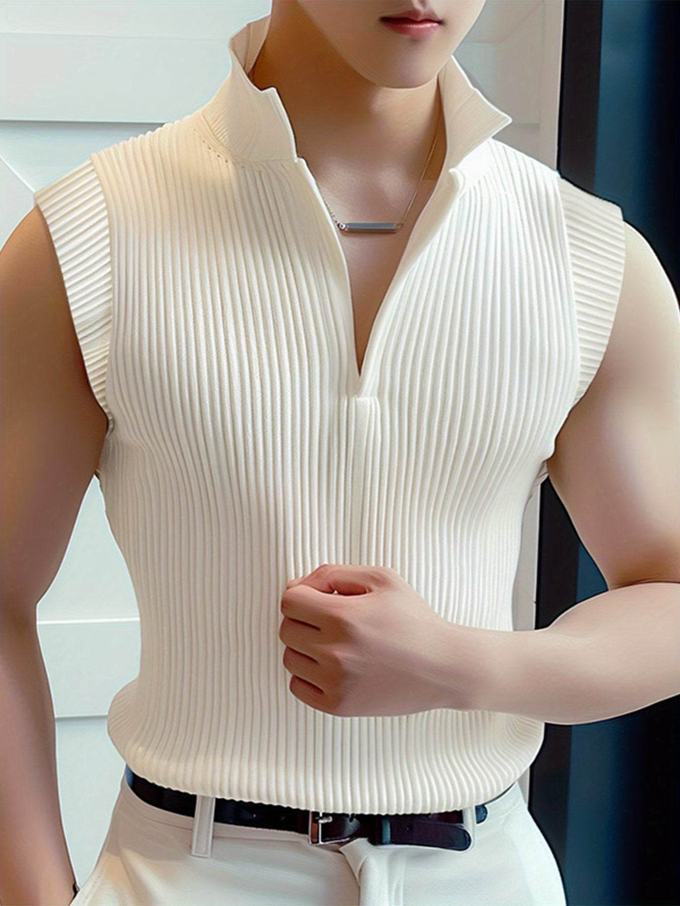 Men's Sleeveless Knit Tank Top - White V-Neck, Slim Fit Casual Wear - Buy Center US