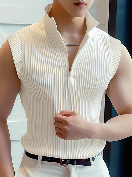 Men's Sleeveless Knit Tank Top - White V-Neck, Slim Fit Casual Wear - Buy Center US
