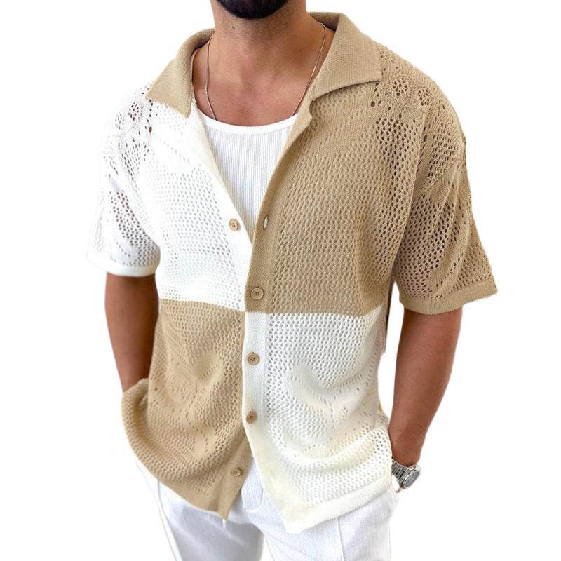 Men's Color Blocking Hollow Knit Sweater - Slim Fit Cardigan for Summer - Buy Center US