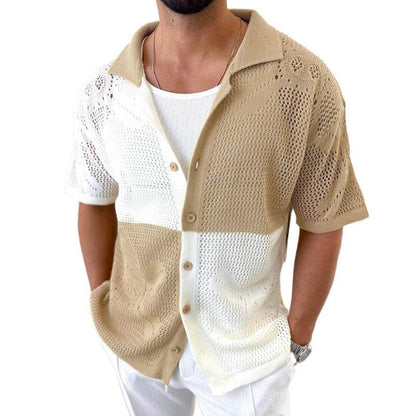 Men's Color Blocking Hollow Knit Sweater - Slim Fit Cardigan for Summer - Buy Center US