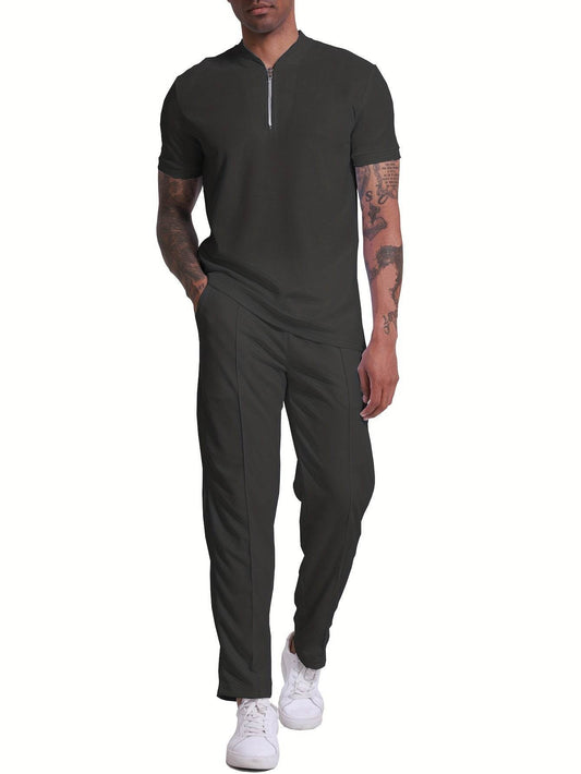 Men's 2-Piece Casual Golf Set - Short Sleeve Henley & Pants, Breathable - Buy Center US