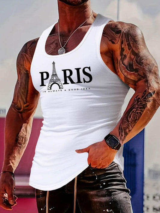 MBD Men's Eiffel Tower Graphic Tank Top - Slim Fit, Breathable Gym Vest - Buy Center US
