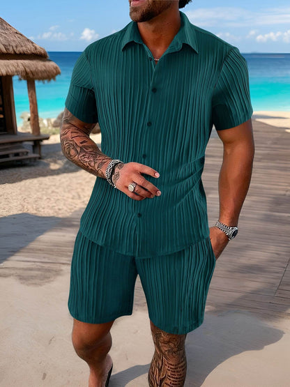 Stylish Summer White French Striped Suit for Men - Short Sleeve & Pants - Buy Center US