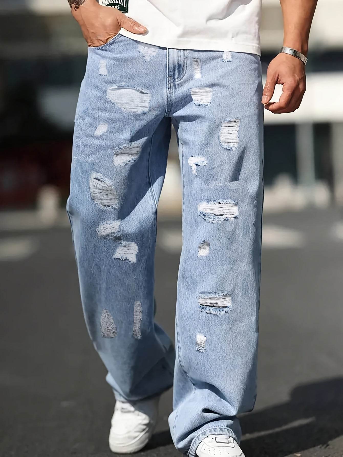 Men’s Distressed Straight Leg Jeans - Loose Fit, All-Season Casual Wear - Buy Center US