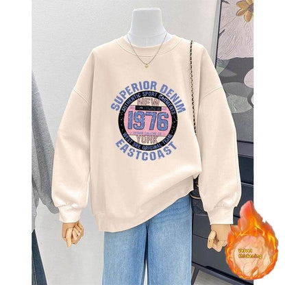 Retro Loose Round Neck Hoodie for Women - Cartoon Print, Long Sleeve - Buy Center US