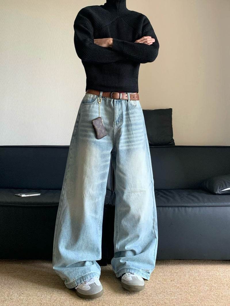 Men's Retro Washed Loose Straight Wide-leg Jeans - Mid Waist Denim - Buy Center US