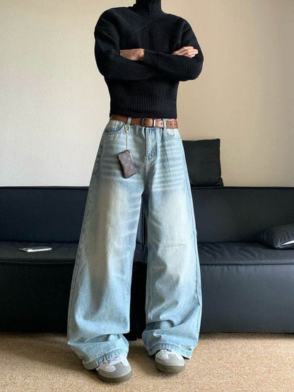 Men's Retro Washed Loose Straight Wide-leg Jeans - Mid Waist Denim - Buy Center US